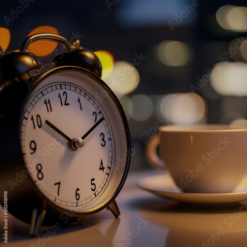 A closeup of a clock showing late hours with a coffee cup nearby