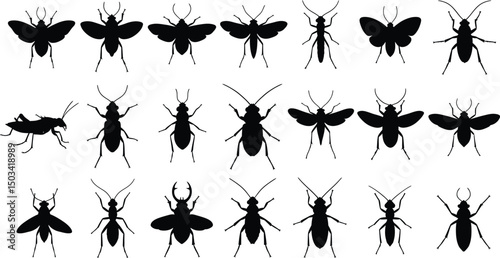 Assorted Black Insect Silhouettes Set: Flies, Beetles, Moths, Ants, Grasshopper. Entomology & Pest Vector Icons. AI Generative
