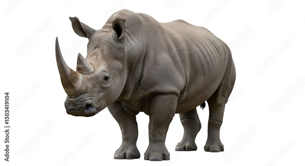 Naklejka premium Powerful rhinoceros stands against black backdrop