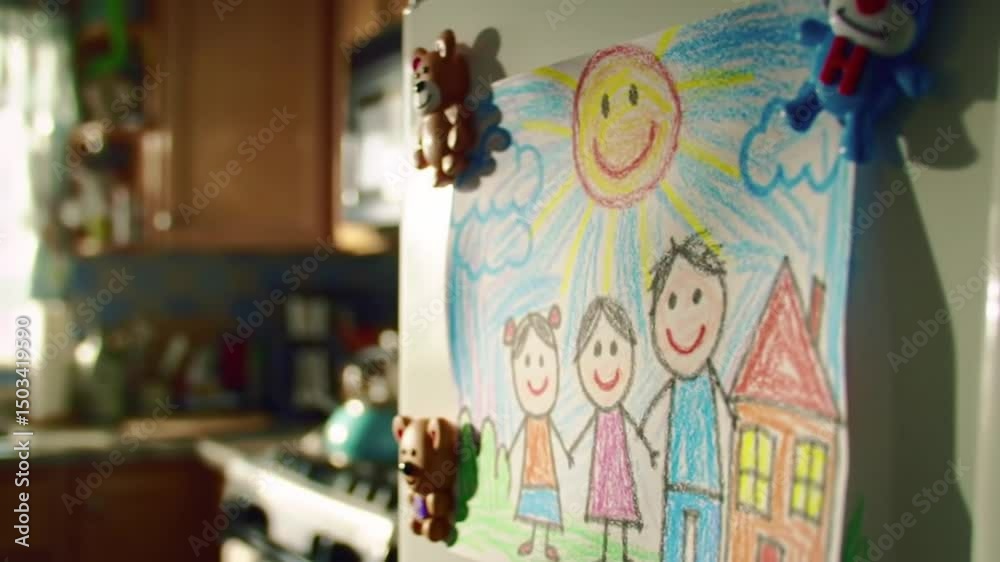 Colourful children's artwork hangs painted on the fridge door with magnets on the kitchen backgroundvs patteredgund