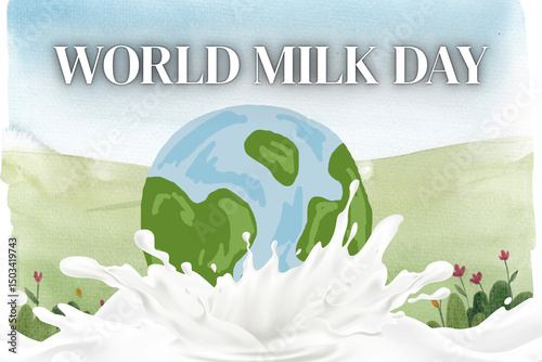 World Milk Day background for wall post, presentation, and poster. nature background milk, cow, and world with words.  milk concept with good health awareness, milk day illustration.