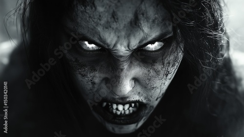 Close-up of a terrifying female zombie or vampire, monochrome.