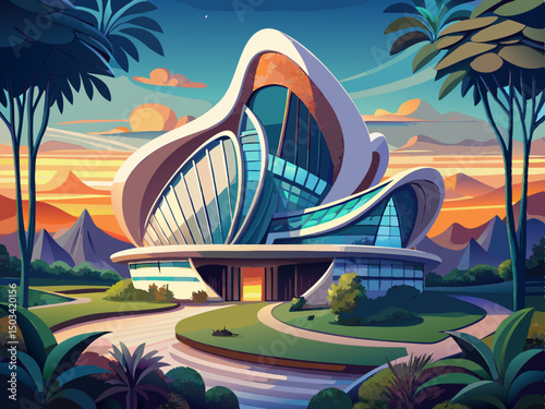 vector of Stunning architectural design of a modern building with a unique biomorphic structure surrounded by lush greenery in a tranquil twilight landscape.