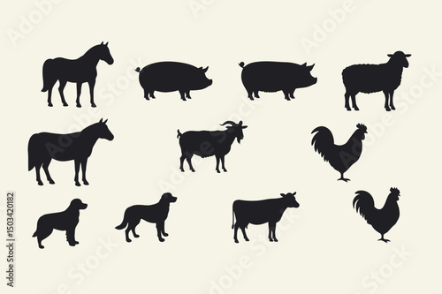 Black Farm Animal Silhouettes Set: Horse, Pig, Sheep, Cow, Goat, Rooster, Dog. Livestock & Poultry Vector Icons on Light Background. AI Generative
