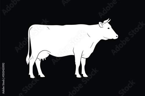 White Cow Standing Profile Line Art Illustration on Black Background. Farm Animal, Dairy Graphic Icon. AI Generative
