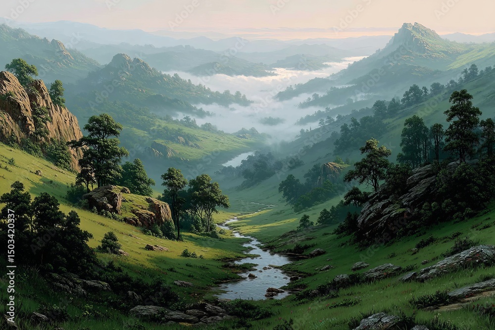 Obraz premium Mountain Valley with River and Rolling Hills