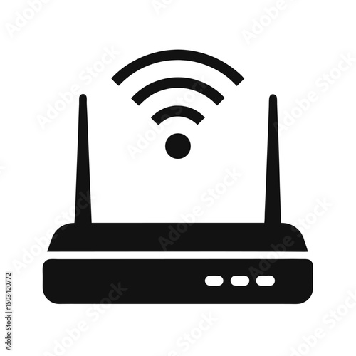 Simple black and white icon of a wireless router broadcasting wifi signal