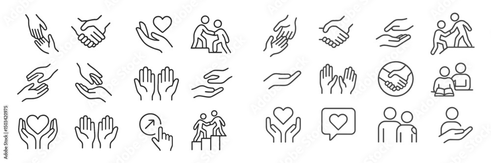 Diverse representations of connection and support through hand and heart iconography in a minimalist style