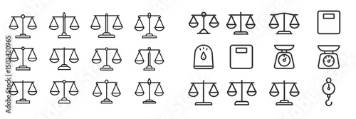 Different types of scales and balance symbols arranged in a grid showing weights and measures for various applications