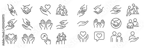 Diverse representations of connection and support through hand and heart iconography in a minimalist style