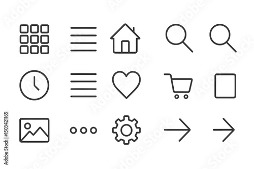 Collection of minimalistic icons representing various functions for user interface design and web applications