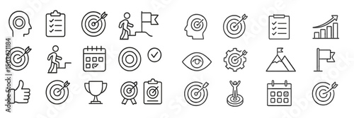 Icons depicting goal setting, achievement, and progress tracking in a minimalist design suitable for various applications