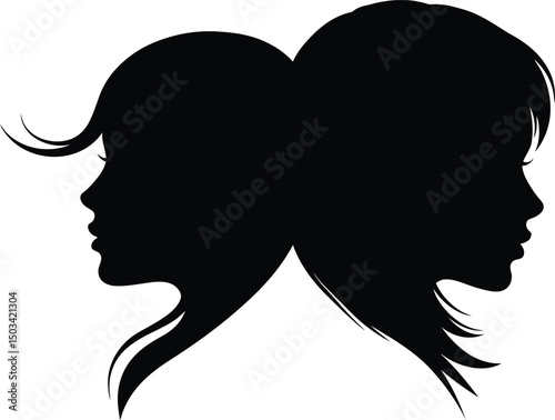 Dual Female Head Silhouettes: Two Women Profiles Facing Opposite Ways, Different Hairstyles. Vector Icon for Duality & Beauty. AI Generative
