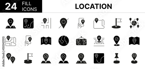 Collection of 24 location fill icons featuring editable strokes. These outline icons depict various modes of location, pin, transportation, set, location, app, badge, cartography, direction, 