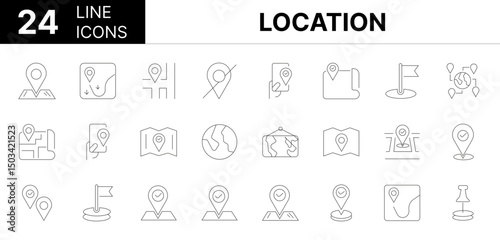 Collection of 24 location line icons featuring editable strokes. These outline icons depict various modes of location, pin, transportation, set, location, app, badge, cartography, direction, 