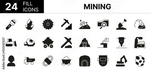 Collection of 24 Mining fill icons featuring editable strokes. These outline icons depict various modes of Mining, brick, jewellery, luxury, money, currency, wealth, bulldozer, coal, collection,