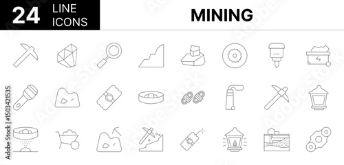 Collection of 24 Mining line icons featuring editable strokes. These outline icons depict various modes of Mining, brick, jewellery, luxury, money, currency, wealth, bulldozer, coal, collection,