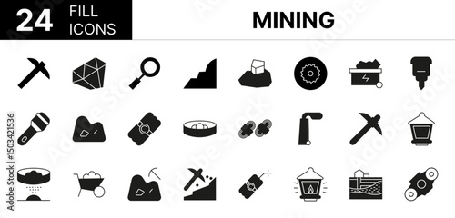 Collection of 24 Mining fill icons featuring editable strokes. These outline icons depict various modes of Mining, brick, jewellery, luxury, money, currency, wealth, bulldozer, coal, collection,