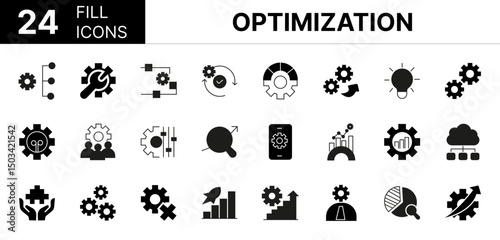 Collection of 24 Optimization fill icons featuring editable strokes. These outline icons depict various modes of optimization, efficiency, improvement, performance, productivity, icon, improve,