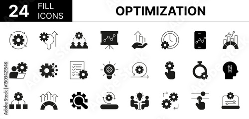 Collection of 24 Optimization fill icons featuring editable strokes. These outline icons depict various modes of optimization, efficiency, improvement, performance, productivity, icon, improve,