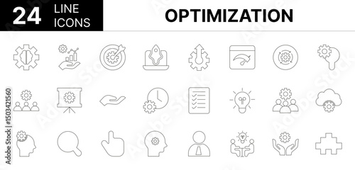Collection of 24 Optimization line icons featuring editable strokes. These outline icons depict various modes of optimization, efficiency, improvement, performance, productivity, icon, improve,