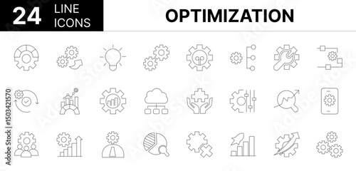 Collection of 24 Optimization line icons featuring editable strokes. These outline icons depict various modes of optimization, efficiency, improvement, performance, productivity, icon, improve,