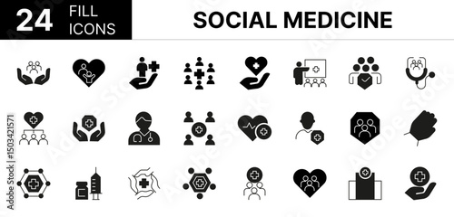 Collection of 24 Social Medicine fill icons featuring editable strokes. These outline icons depict various modes of Social Medicine, public, health, campaign, care, community, crowd, doctor, equality,