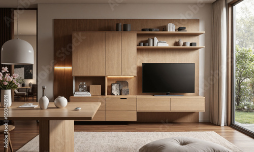 A modular smart wall unit that can reconfigure itself based on the user's needs. The system includes adjustable shelving, integrated lighting, and hidden photo