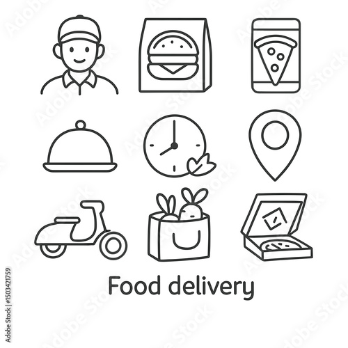 Food delivery service icons with delivery person and food items 