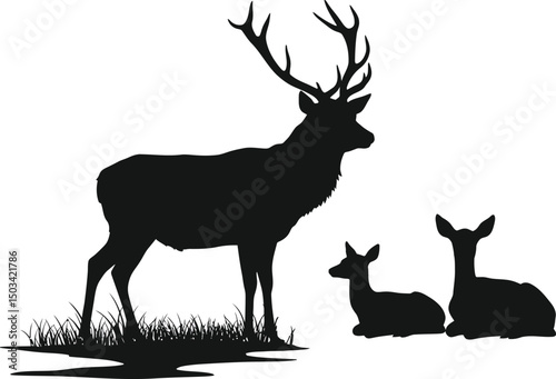 Deer Family Silhouette: Standing Stag with Resting Does/Fawns, Wildlife. AI Generative
