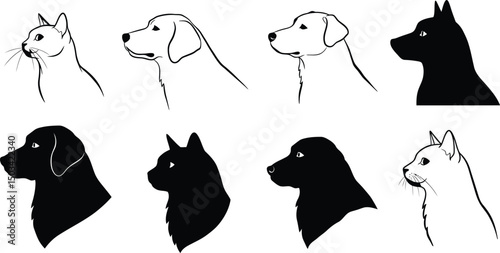 Dog & Cat Head Profile Icons: Assorted Silhouettes & Outlines, Various Breeds. AI Generative
