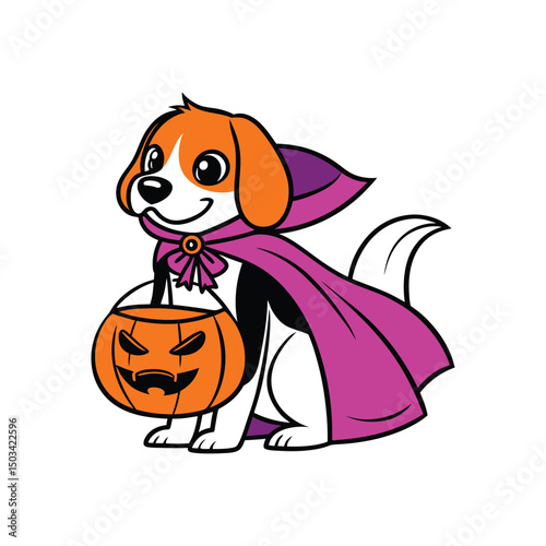 Dog in vampire costume holding a treat bucket for Halloween illustration  