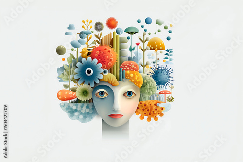 Surreal human face with colorful abstract plants, flowers and microorganisms growing from head, symbolizing imagination and mental health
