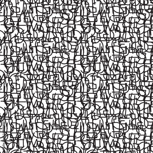Vector seamless  pattern of simple,  geometric, outline, fonts. Letters and numbers of the English alphabet.  Suitable for wallpaper, wrapping paper, fabric, textile.  AI is not used.