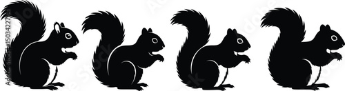 Set of Four Black Squirrel Silhouettes, Sitting Rodent with Bushy Tail Icons. AI Generative

