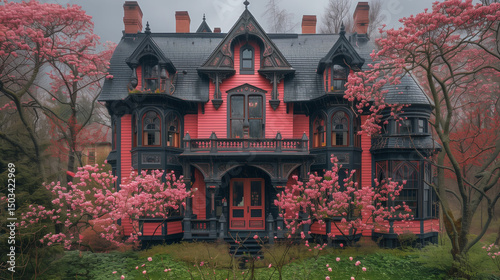 Victorian pink house with blooming cherry trees in spring garden