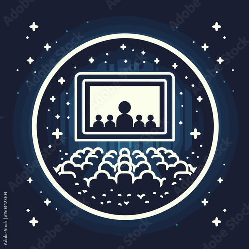Auditorium with audience watching film on screen in dark theater  