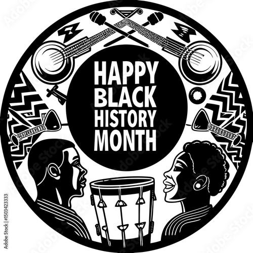 Celebrate Black musical heritage with vibrant clipart featuring instruments, singers, and 'Happy Black History Month' text