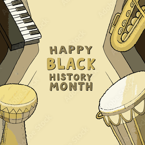 Celebrate Black musical heritage with vibrant clipart featuring instruments, singers, and 'Happy Black History Month' text