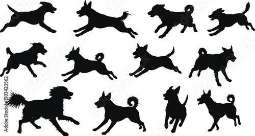 Diverse Dog Breed Silhouettes Collection: Running, Standing & Sitting Canine Action Icons. AI Generative
