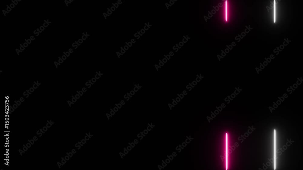 Straight Two neon flickering laser lines moving parallel to each other color pink and white on 4k  black background