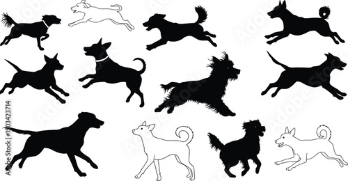 Dynamic Dog Silhouettes & Outlines: Action Packed Canine Running & Jumping Graphics Set. AI Generative
