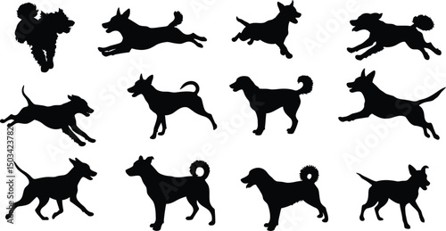 Diverse Dog Breed Silhouettes Collection: Running, Standing & Sitting Canine Action Icons. AI Generative
