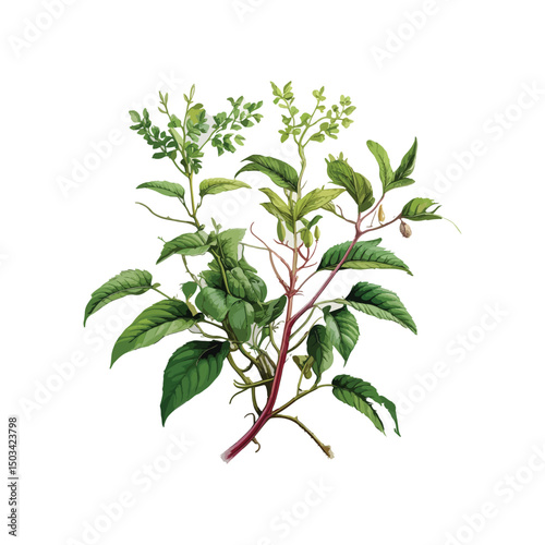 Botanical illustration of lush green foliage and stems