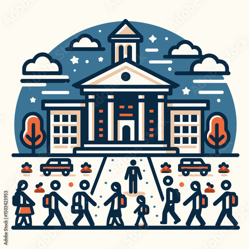 People walking in front of a large building with trees and cars