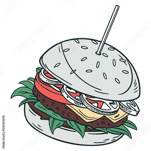 Gourmet Burger with Toothpick Icon in Line Art Style