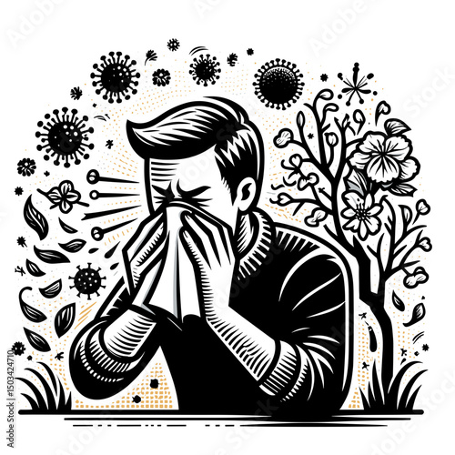 Man sneezing while holding tissue surrounded by pollen and flowers