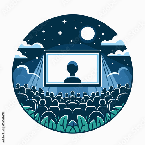 Outdoor movie screening with audience watching under the stars  
