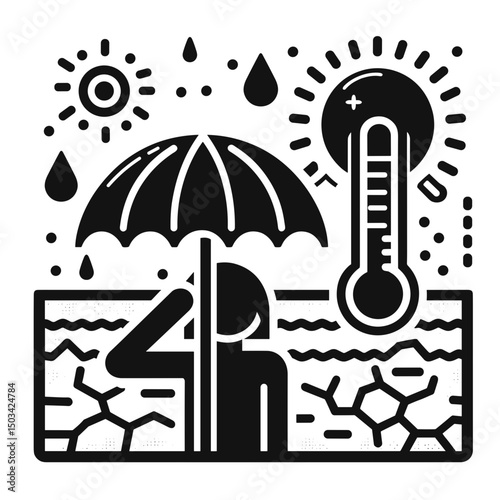 Person sitting under umbrella near water with thermometer in summer concept of mandala  
