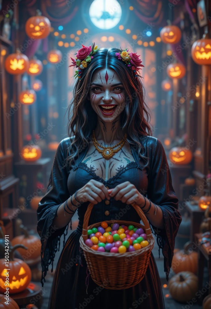 Fototapeta premium Cheerful female zombie holding candy basket with glowing pumpkins and spooky Halloween decorations Generative AI